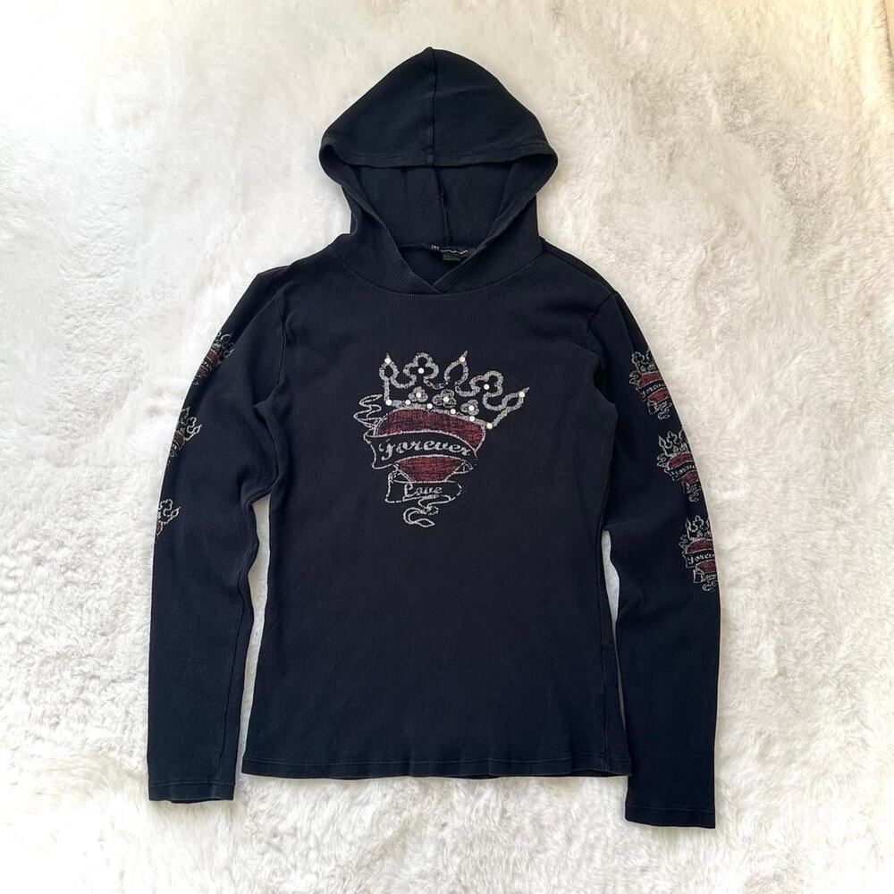 Y2K Grunge Hooded Long Sleeve Size Small International Concepts w/ Rhinestones